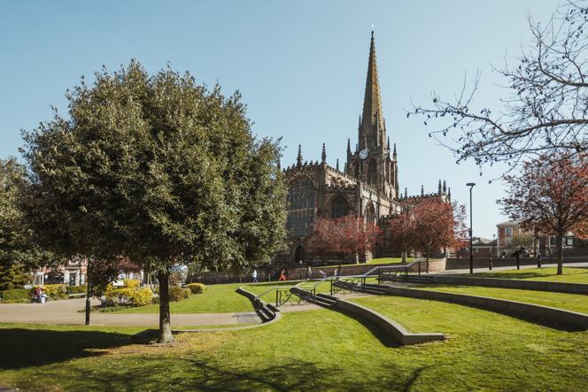 Sheffield Cathedral and the trees on Church Street