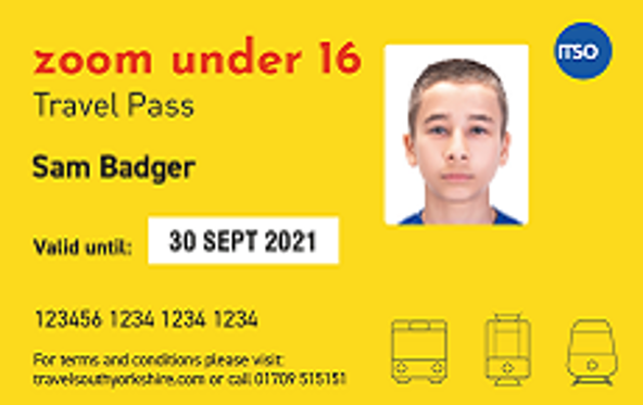 Example Zoom Under 16 Travel Pass with the holder's photo, name and expiry date