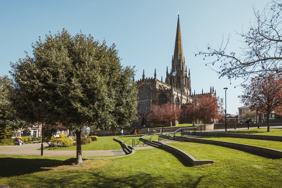 Rotherham Minster and the gardens in front of it
